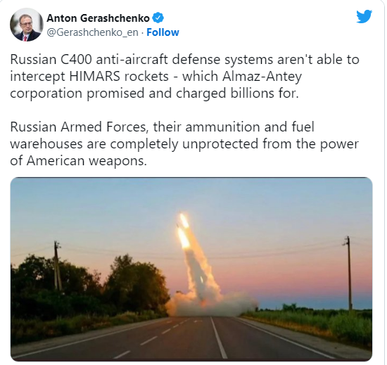 Một quan chức hàng đầu của chính phủ Ukraine, ông Anton Gerashchenko, Cố vấn Bộ trưởng Nội vụ Ukraine, cho biết trong một Twitter ngày 11/7 rằng, hệ thống phòng không S-400 tiên tiến nhất của Nga, không thể đánh chặn tên lửa do hệ thống tên lửa phóng loạt (MLRS) M142 HIMARS do Mỹ sản xuất.