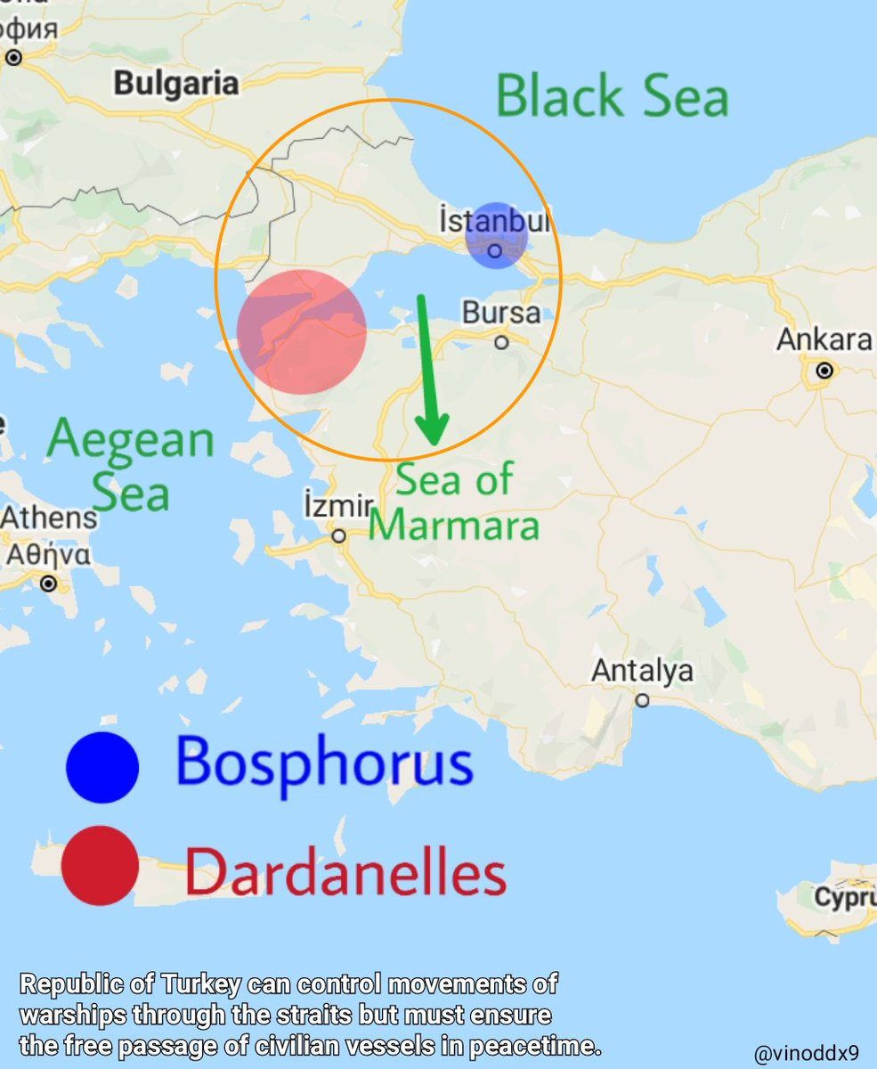 Theo Công ước Montreux năm 1936 về Chế độ các eo biển, thường được gọi đơn giản là Công ước Montreux, Thổ Nhĩ Kỳ có quyền kiểm soát cả eo biển Bosporus và eo biển Dardanelles.
