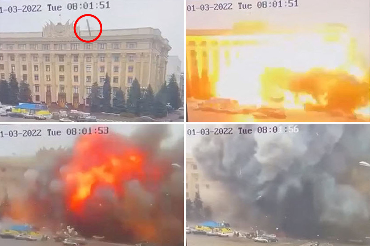 Tiếp theo là video tên lửa hành trình tấn công vào Cục Quản lý Nhà nước Khu vực Kharkiv. Tất cả những người xem đoạn video đều nhìn thấy rất rõ cách quả đạn rơi xuống phía trước tòa nhà và phát nổ.