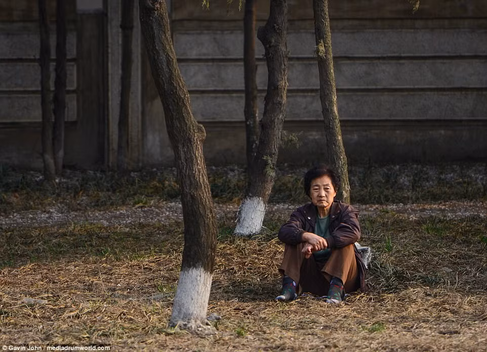 Một người phụ nữ lớn tuổi ngồi nghỉ dưới gốc cây bên đường. Được biết, Gavin John đã chụp những bức ảnh này từ năm 2014 nhưng hiện giờ chúng mới được công bố. Ảnh: DM.