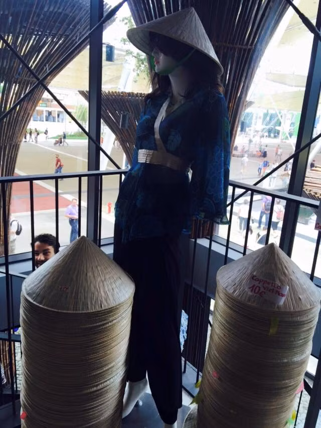 Nón lá, một biểu tượng giản dị, gần gũi và rất đặc trưng của Việt Nam nhưng lại được rao bán với mức giá rất siêu "chặt chém" là 10 Euro/cái. Nhìn những hình ảnh này, bà Oanh bộc lộ: "Có thể tưởng tượng được cách trưng bày giới thiệu về Việt Nam thế này ở một sự kiện kinh tế toàn cầu không?".