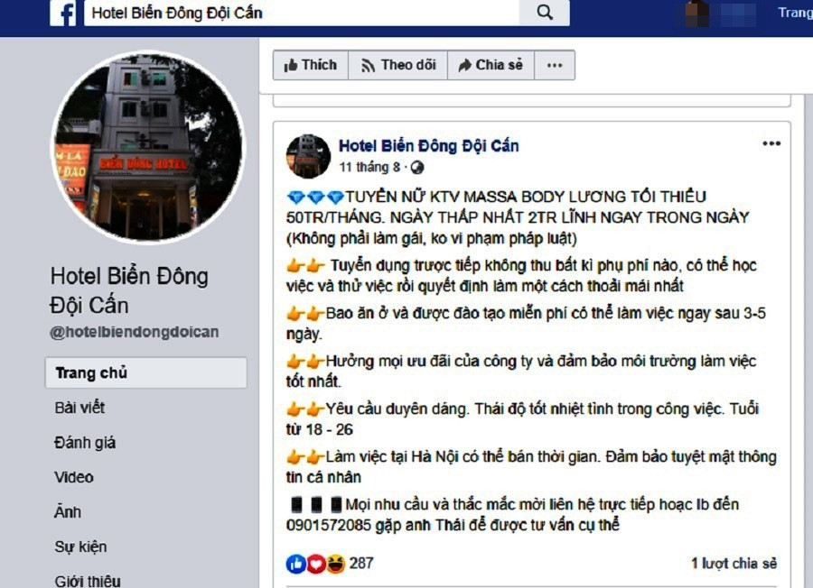 Trước đó, trên fanpage facebook khách sạn Biển Đông đăng tin tuyển dụng nhân viên massage vào làm tại đây nhận "lương tối thiểu 50 triệu đồng/tháng, ngày thấp nhất 2 triệu đồng"?!. Hiện cơ quan Công an đang tiếp tục đấu tranh, làm rõ vụ việc khách sạn Biển Đông kinh doanh dịch vụ kích dục “tắm cho khách”.