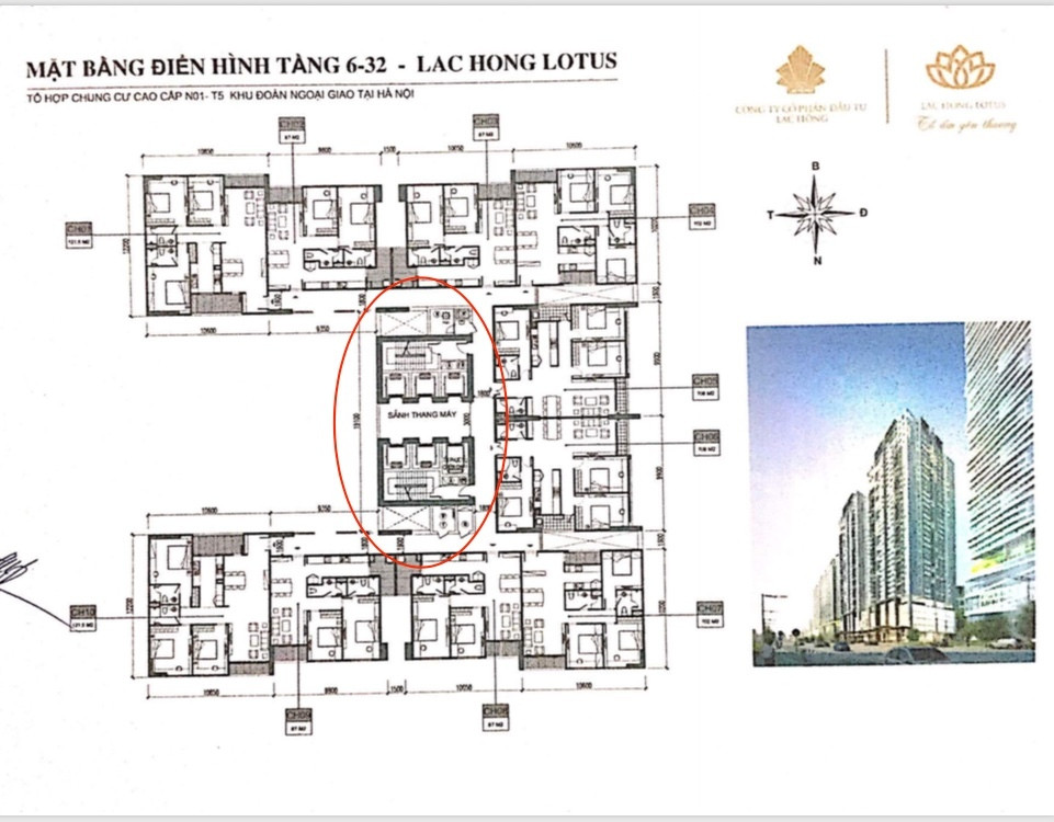 Mặt bằng điển hình tầng 6-32 dự án Lạc Hồng Lotus trong hợp đồng mua bán (Phần khoanh tròn là sảnh thang máy, 6 cửa thang). (Ảnh: Vietnamnet).