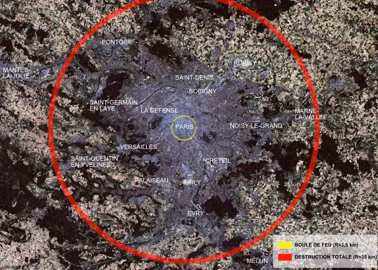 Ảnh minh họa vùng bị Tsar Bomba phá hủy hoàn toàn (ví dụ – phạm vi lớn hơn bản độ Paris): Vòng đỏ = Bị phá hủy hoàn toàn (bán kính 35 km), vòng vàng = quả cầu lửa (bán kính 3,5 km). Nguồn ảnh: Wiki