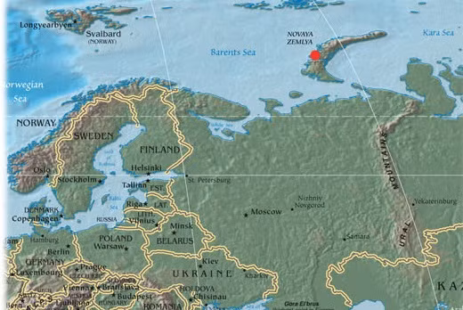 Vụ thử được thực hiện tại khu vực thử nghiệm hạt nhân Vịnh Mityushikha, phía bắc Vòng Bắc Cực trên hòn đảo Novaya Zemlya tại Bắc Cực. Nguồn ảnh: Wiki