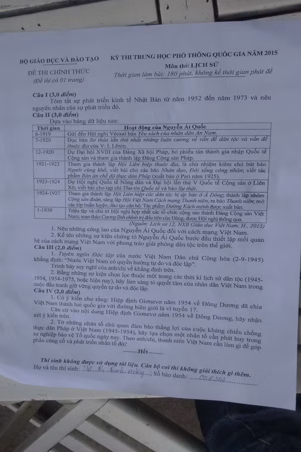 Đề thi chính thức THPT quốc gia 2015 môn Lịch sử De thi chinh thuc THPT quoc gia 2015 mon Lich su