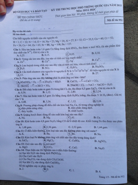 De thi Hoa chinh thuc ky thi THPT quoc gia 2015