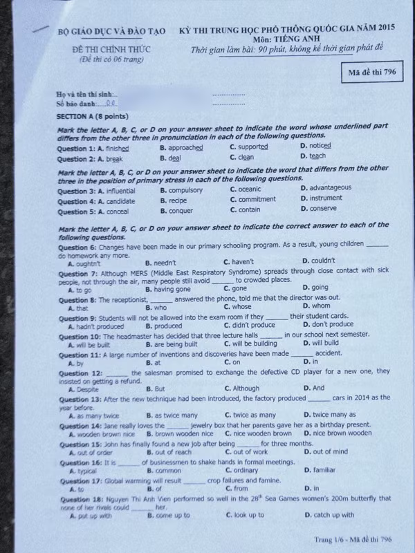 De thi THPT quoc gia mon tieng Anh chinh thuc nam 2015
