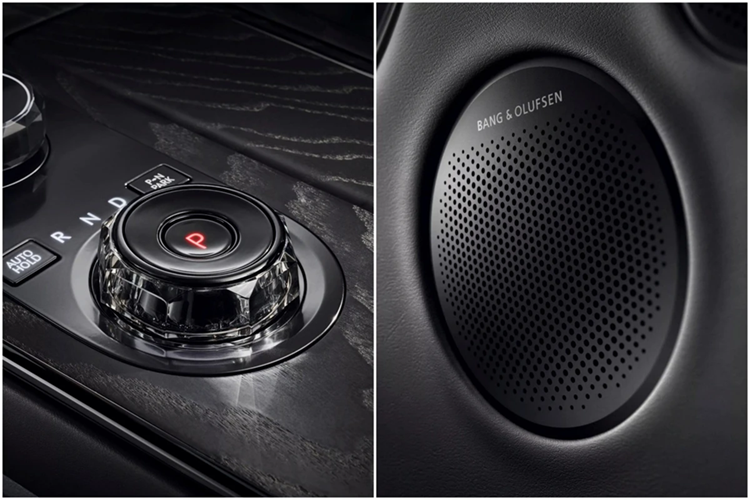 Cận cảnh một số chi tiết trong khoang lái của Genesis G80 Black được hoàn thiện bằng màu đen, gồm nắp chụp cần số điện tử dạng núm xoay, hệ thống loa Bang &amp; Olufsen...