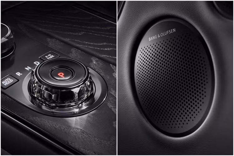 Cận cảnh một số chi tiết trong khoang lái của Genesis G80 Black được hoàn thiện bằng màu đen, gồm nắp chụp cần số điện tử dạng núm xoay, hệ thống loa Bang &amp; Olufsen...