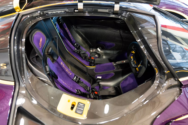 Dòng chữ "Anemos" được thêu trên dây đai an toàn 4 điểm (dây đai xe đua). Các nút bấm màu vàng trên vô lăng có thể được tháo rời. 