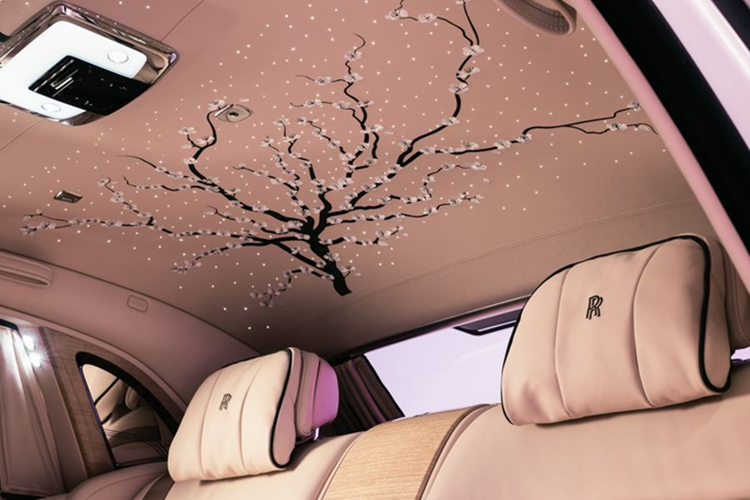 Rolls-Royce Phantom Hoa anh đào sử dụng lớp sơn Crystal over Arctic White – màu trắng pha lê. Thân xe có đường coachline vẽ tay, thuôn dần về phía cửa sau. Dưới trụ A là họa tiết hoa anh đào nhỏ, tạo điểm nhấn liên quan đến nguồn cảm hứng của chiếc xe.