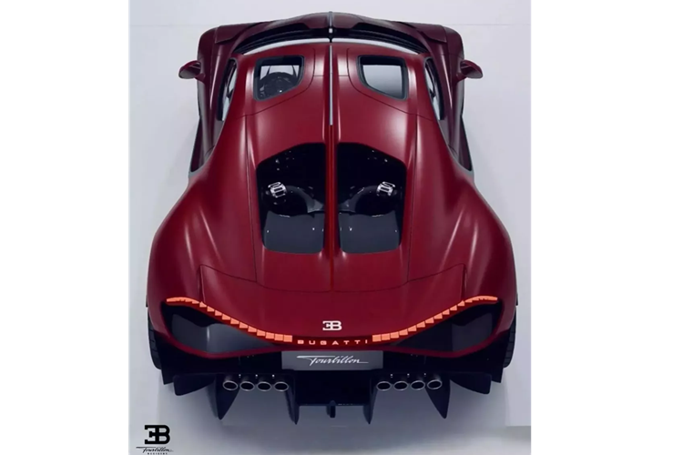 Mẫu siêu xe Bugatti Tourbillon được hiển thị trong bản dựng có vẻ như được hoàn thiện bằng màu đỏ mờ với các điểm nhấn bằng sợi carbon lộ ra.