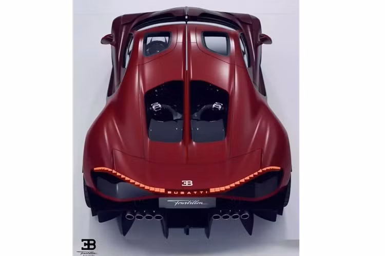 Mẫu siêu xe Bugatti Tourbillon được hiển thị trong bản dựng có vẻ như được hoàn thiện bằng màu đỏ mờ với các điểm nhấn bằng sợi carbon lộ ra.