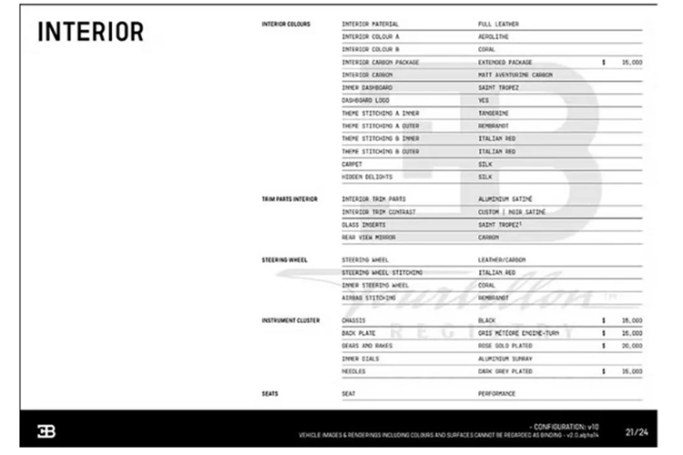 Chiếc siêu xe Bugatti Tourbillon bản giới hạn trong bài viết này sở hữu cấu hình đặc biệt này còn được trang bị trần kính toàn cảnh Sky View với giá 75.000 USD (tương đương 1,95 tỷ đồng).