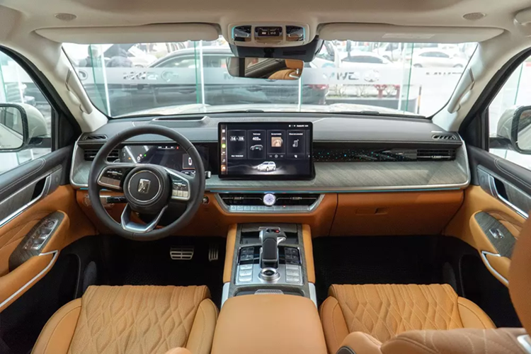 Tại đây, xe được trang bị tay nắm cửa, hốc bánh và bệ cửa sơn cùng màu với thân xe. Bên cạnh đó là vành hợp kim đa chấu với đường kính 20 inch, nằm trong lốp 265/50 R20 và gương chiếu hậu gập điện/chỉnh điện/tích hợp đèn báo rẽ. Trong khi đó, ở khu vực đầu xe, Tank 500 sở hữu lưới tản nhiệt hình chữ nhật cỡ lớn và mạ crôm sáng bóng.