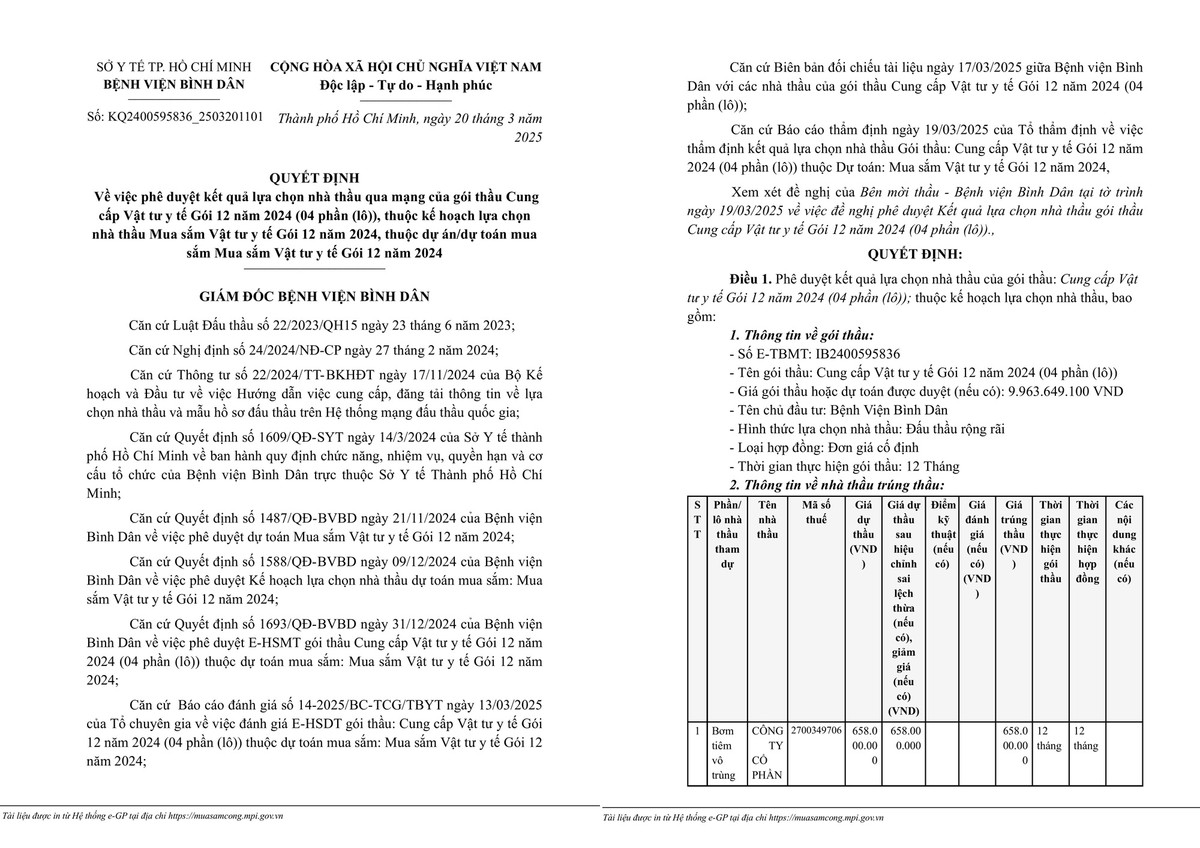 TP HCM: 4 nhà thầu trúng gói vật tư y tế tại BV Bình Dân TP HCM: 4 nha thau trung goi vat tu y te tai BV Binh Dan