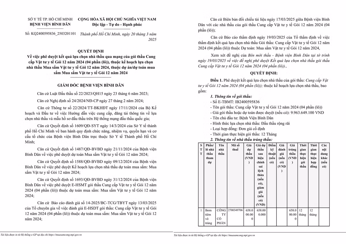 TP HCM: 4 nha thau trung goi vat tu y te tai BV Binh Dan