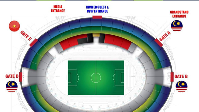 Cụ thể, lối vào của các CĐV đội khách sẽ là cổng E và họ ngồi tại khu vực khán đài màu đỏ, được tách biệt với CĐV Malaysia bằng hàng rào an ninh. Theo Liên đoàn Bóng đá Việt Nam VFF thông báo "Ban tổ chức nước chủ nhà, đã bán ra khoảng 3.000 vé cho CĐV Việt Nam".