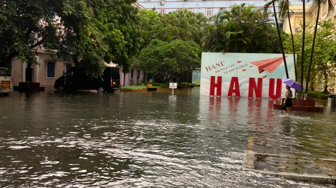 Sân Trường Đại học Hà Nội trên đường Nguyễn Trãi mênh mông nước. (Ảnh: Dân Trí)