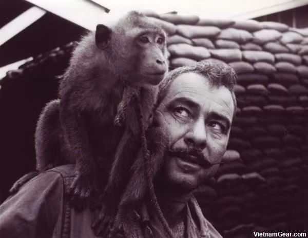  Thời chiến tranh Việt Nam, mỗi đơn vị quân đội ở Mỹ thường có nuôi một "linh vật". Linh vật này phần lớn là chó, nhưng đôi khi cũng là khỉ. Một binh sĩ thủy quân lục chiến Mỹ và chú khỉ của đơn vị mình tại căn cứ. Ảnh: Pinterest. 