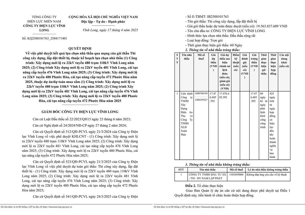 Vinh Long: Lien danh An Tho - Xuan Phat trung goi thau cong trinh xay dung 22kV