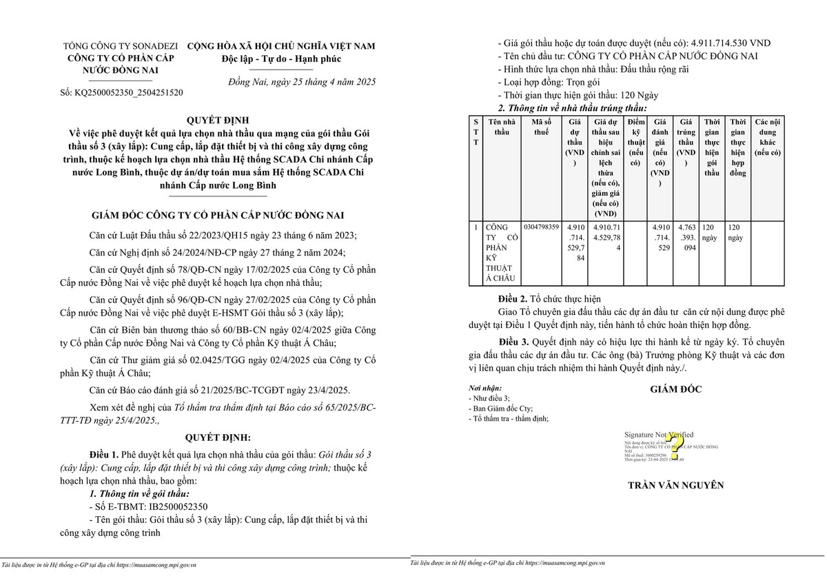 Nang luc nha thau trung goi cung cap thiet bi tai Cap nuoc Dong Nai
