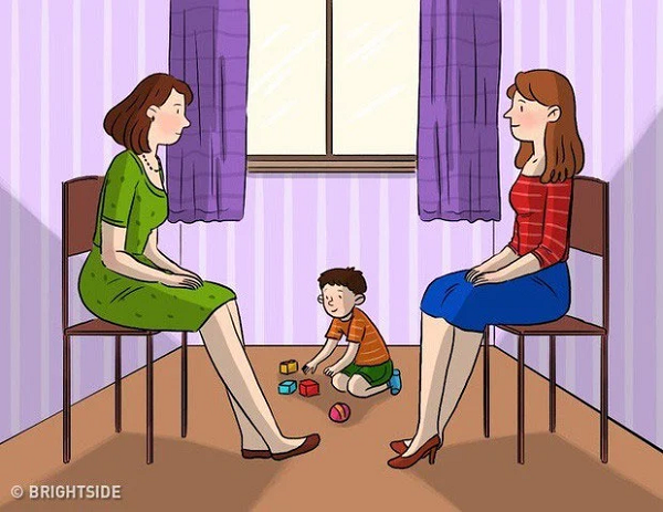 1. Hãy quan sát thật kỹ bức tranh. Một trong những câu hỏi test IQ của FBI là bạn cần quan sát bức tranh. Có hai người phụ nữ đang ngồi đối diện nhau trong một căn phòng, trong khi một bé trai đang ngồi chơi dưới sàn nhà. Bạn nghĩ ai thực sự là mẹ ruột của đứa trẻ?