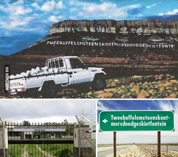 Nó có nguồn gốc từ tiếng Afrikaans có nghĩa là "con suối nơi hai con trâu bị giết bằng một phát đạn".