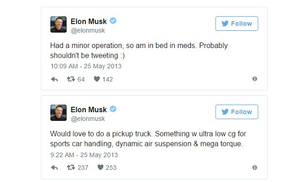 Elon Musk là một người cuồng công việc, trong thời gian chờ hồi phục sau phẫu thuật, Elon Musk vẫn cố gắng lên Twitter để chia sẻ những ý tưởng về Tesla dù đang phải dùng thuốc giảm đau.