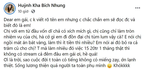 Cụ thể, nữ game thủ Jiny bị đàn em đặt điều : “Ngồi mát ăn bát vàng”, “Làm thì ít tiền thì nhiều?”, “Được ai đó bỏ ra cho cả trăm củ” dù không hề có xích mích.
