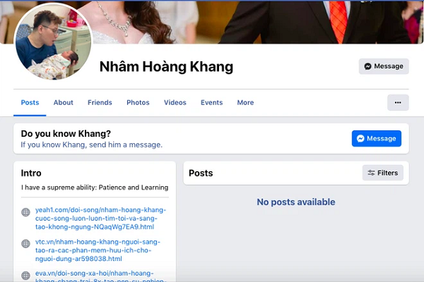 Sau đó, trang Facebook cá nhân Nhâm Hoàng Khang cũng đã bị khóa hoàn toàn các bài viết và hiện đang ở trong tình trạng trống trơn khiến cộng đồng mạng hết sức tò mò và càng tin nguồn tin này chính xác.