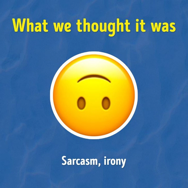Biểu tượng mặt cười lật ngược được sử dụng để biểu thị sự mỉa mai, châm biếm, đùa cợt hoặc châm biếm sự ngốc nghếch. Nhưng thực tế nó có ý nghĩa là "không quan tâm", không thích một vấn đề nào đó.
