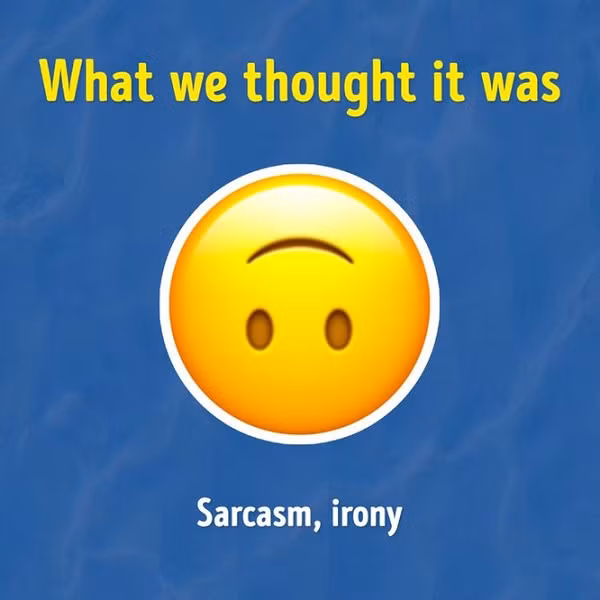 Biểu tượng mặt cười lật ngược được sử dụng để biểu thị sự mỉa mai, châm biếm, đùa cợt hoặc châm biếm sự ngốc nghếch. Nhưng thực tế nó có ý nghĩa là "không quan tâm", không thích một vấn đề nào đó.