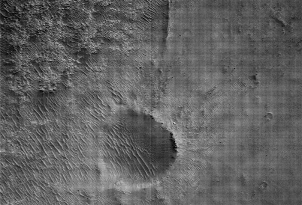 Hình ảnh cận cảnh khu vực đáp của Perseverance trên sao Hỏa, có thể nhìn rõ miệng núi lửa, xung quanh là đường vân giống cồn cát, địa chất quanh khu vực này được cho là khá phong phú.