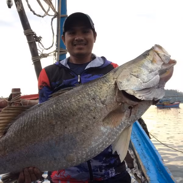 Người câu được con cá chẽm nặng 14kg, dài 1m là anh Phạm Quốc Ánh ở xã Tịnh Kỳ, TP Quảng Ngãi. Anh cho biết, bản thân mất 30 phút mới đưa được con cá lên thuyền.