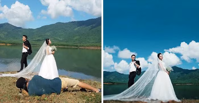 Cảnh tượng nhiếp ảnh gia lăn lê bò toài như thế này không phải là hiếm khi họ chụp ảnh cưới.