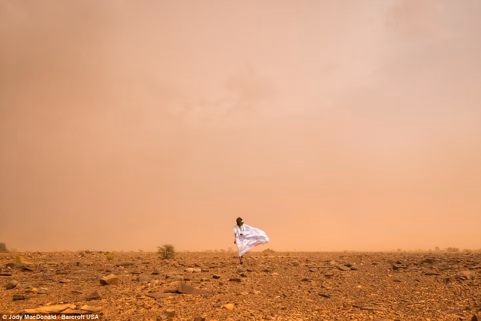 Một người phụ nữ Mauritania đi trong bão cát trên sa mạc Sahara.