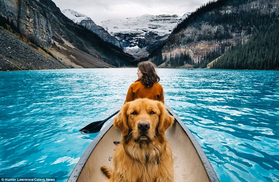 Những con vật đáng yêu này đều có số lượng người theo dõi khủng trên mạng xã hội. Hunter Lawrence, 24 tuổi, cùng cún cưng Aspen chèo thuyền trên sông chảy qua Mỹ và Canada.
