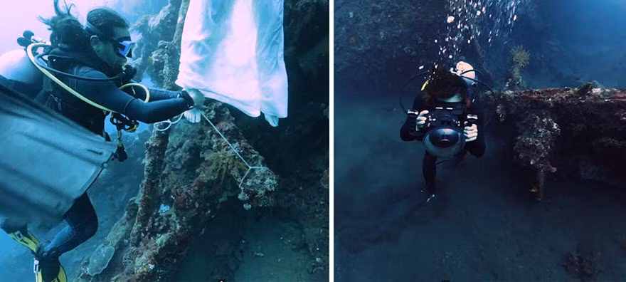 Nhưng bức ảnh hậu trường cho thấy thợ lặn đã phải buộc dây vào chân người mẫu để cô không bị nổi lên mặt nước.