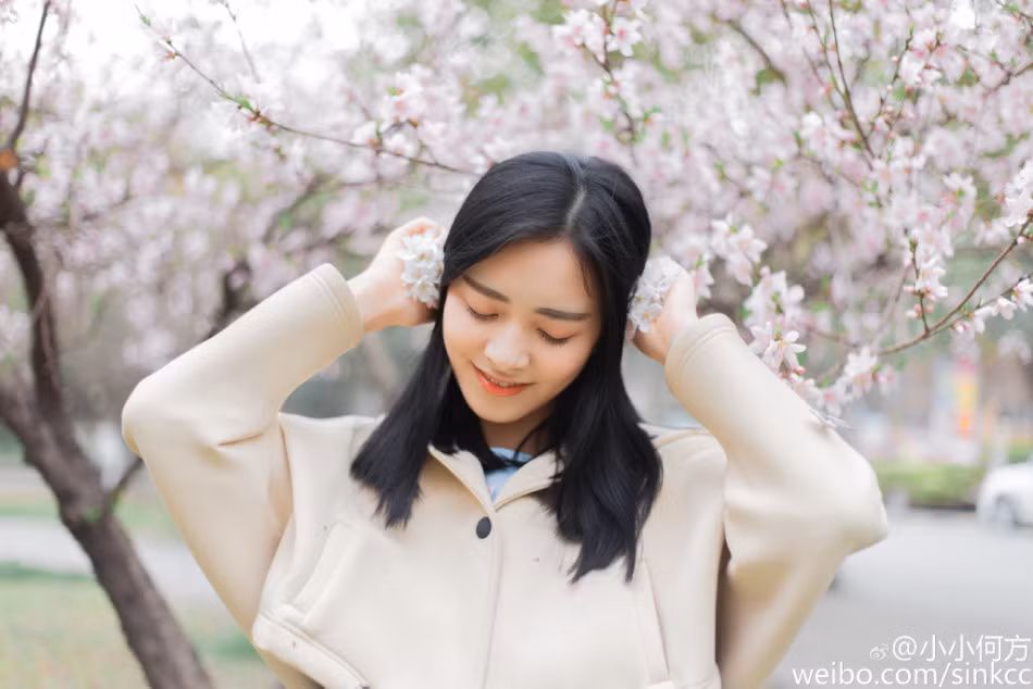 Thiếu nữ xinh đẹp tạo dáng với hoa anh đào.