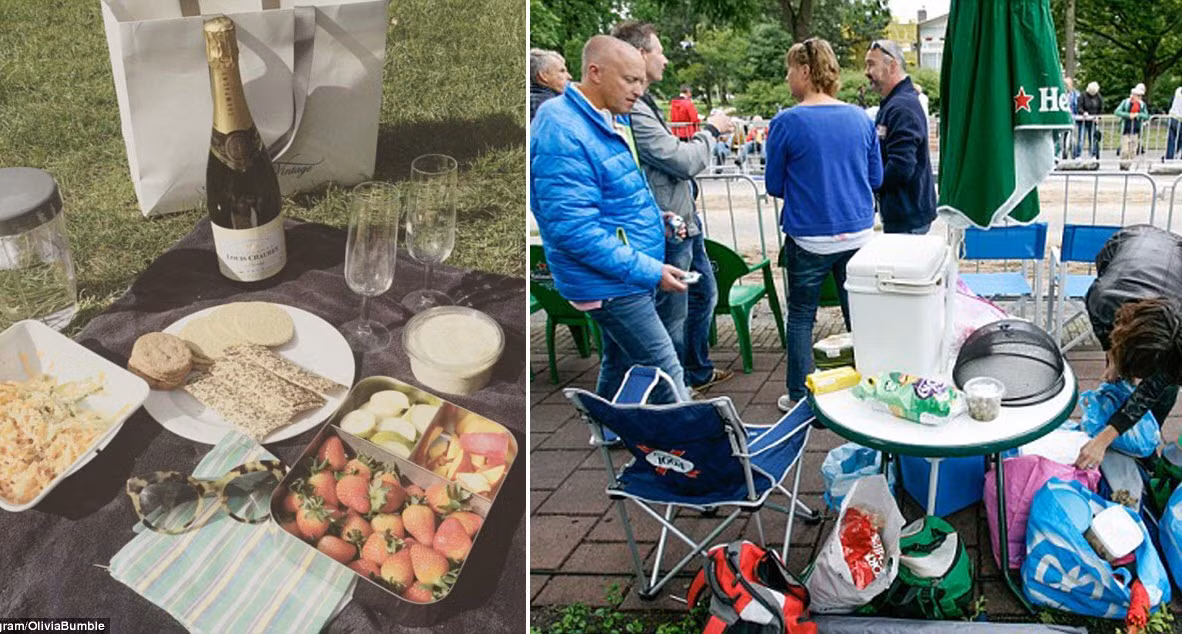 Bạn mơ được ngồi ăn trên bãi cỏ dưới nắng chan hòa (trái), nhưng thực tế tìm một chỗ ăn vắng vẻ không đơn giản chút nào.