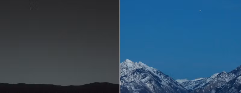 Trái đất nhìn từ sao Hỏa (trái) và sao Hỏa nhìn từ Trái đất.