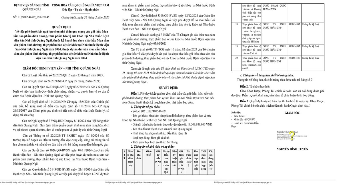 14 Cty trung goi thau dinh duong 17 ty cua BV San Nhi Quang Ngai