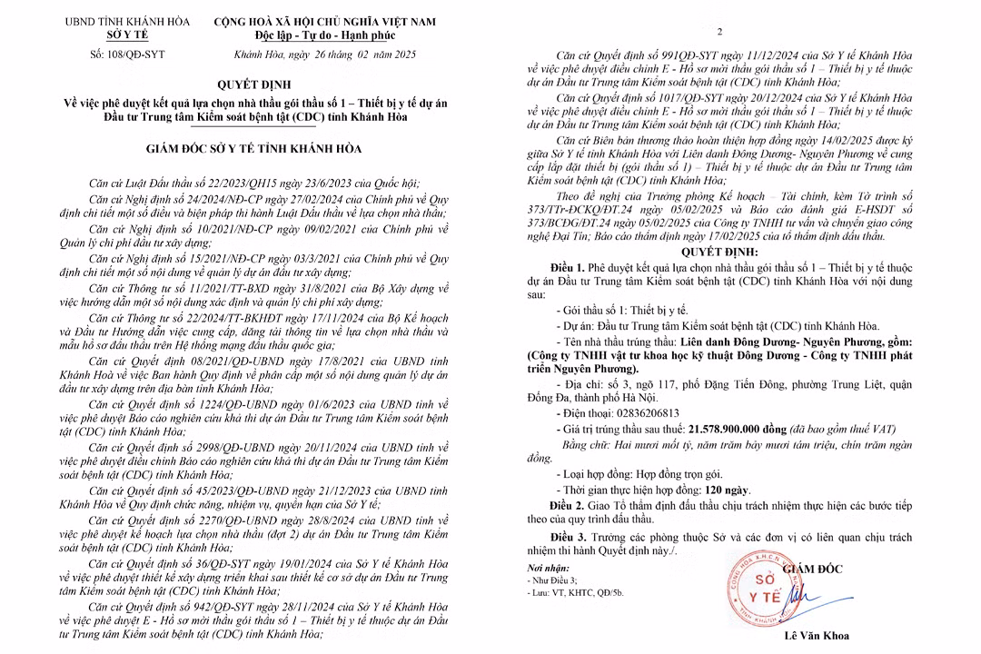 Khanh Hoa: Lien danh 2 nha thau trung goi thiet bi y te hon 21 ty