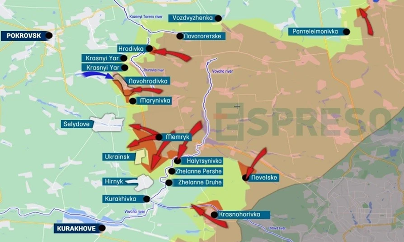 Quan trọng là nếu Quân đội Nga chiếm được Hirnyk, họ có thể hội quân với lực lượng tấn công Kurakhivka, sau đó siết chặt vòng vây ở phía đông bắc sông Volchya, nơi có nhiều binh lính Ukraine. Ảnh: Espreso.tv.