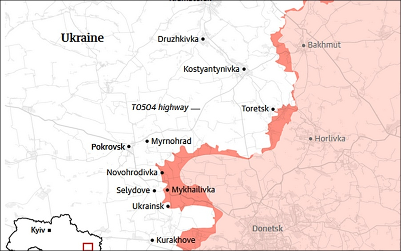 Theo hướng Pokrovsk, Quân đội Nga đã mở được đường tấn công vào thành phố vệ tinh Myrnohrad. Dự kiến, sau khi quân Nga củng cố các vị trí ở ba ngôi làng bên sườn, họ sẽ tấn công thành phố vệ tinh này. Ảnh: Guardian.