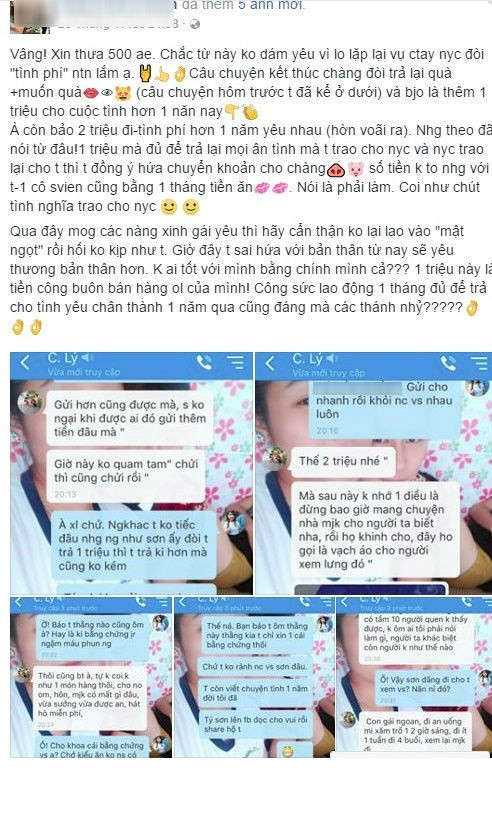 Vài ngày qua, cư dân mạng Việt đang rất quan tâm tới câu chuyện một nữ sinh bị bạn trai đòi tình phí sau chia tay. Từ lâu, những tình huống "chia tay đòi quà" đã được đông đảo bạn trẻ, cư dân mạng sử dụng để minh họa khi nói về những chàng trai "chơi không đẹp", nhỏ nhen và tiểu nhân. Nhưng câu chuyện của K.K.K mới đây, tiết lộ bị người yêu cũ đòi lại 1 triệu đồng tiền tình phí đã khiến ai cũng phải ngao ngán bởi dường như độ trơ trẽn của nam thanh niên đó đã ở một "đẳng cấp" hoàn toàn khác.