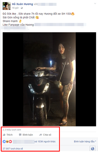 Trước clip câu like đập xe Audi, Xuân Hương cũng từng gây sốc trên mạng bằng clip kêu gọi 50 nghìn like, 50 nghìn lượt share để đốt xe SH đời mới. Tuy nhiên khi số lượng like vượt quá ngưỡng 100 nghìn, hot girl này đã không thực hiện lời hứa của mình và coi như chưa hề có chuyện gì xảy ra. Dù vẫn luôn có những cách để khẳng định bản thân "nói là làm" nhưng từ lâu số đông dân mạng đã nhận ra những "chiêu bài" của hot girl xăm trổ giúp cô có được nhiều like trên Facebook.