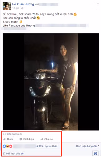 Trước clip câu like đập xe Audi, Xuân Hương cũng từng gây sốc trên mạng bằng clip kêu gọi 50 nghìn like, 50 nghìn lượt share để đốt xe SH đời mới. Tuy nhiên khi số lượng like vượt quá ngưỡng 100 nghìn, hot girl này đã không thực hiện lời hứa của mình và coi như chưa hề có chuyện gì xảy ra. Dù vẫn luôn có những cách để khẳng định bản thân "nói là làm" nhưng từ lâu số đông dân mạng đã nhận ra những "chiêu bài" của hot girl xăm trổ giúp cô có được nhiều like trên Facebook.